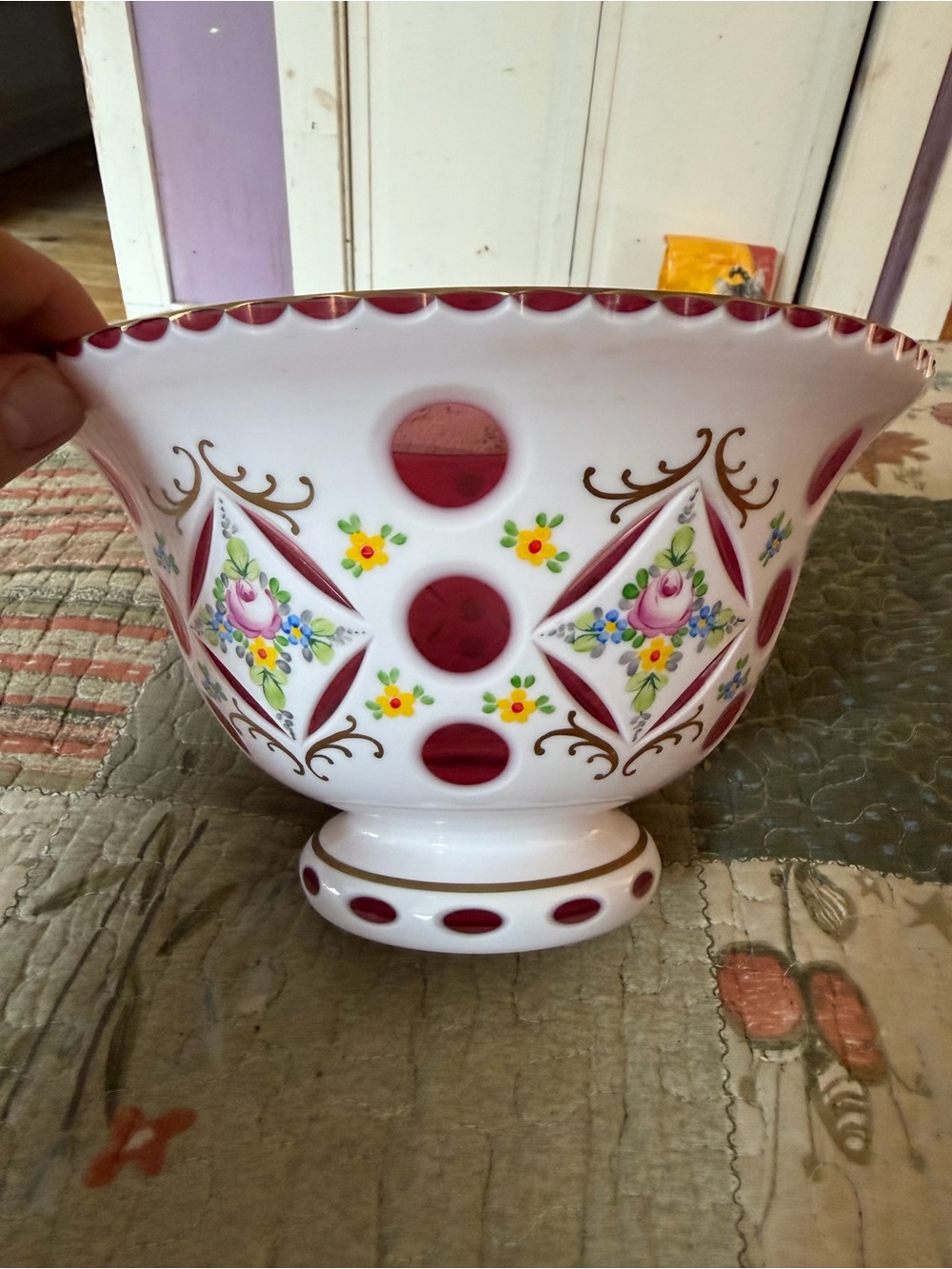 Hand-Painted Ruby Cut-Out Milk Glass Compote - Floral Motif